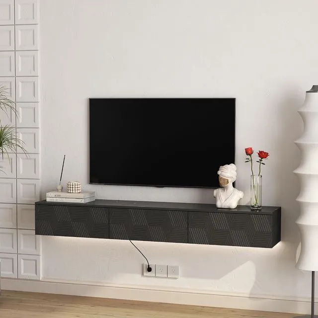 Main image of 67Modern Wall Mount TV Stand for 55/60/65 TV, Minimalist Entertainment Center with 16 Color LEDs and Storage Cabinet for Bedroom, Living Room, Black