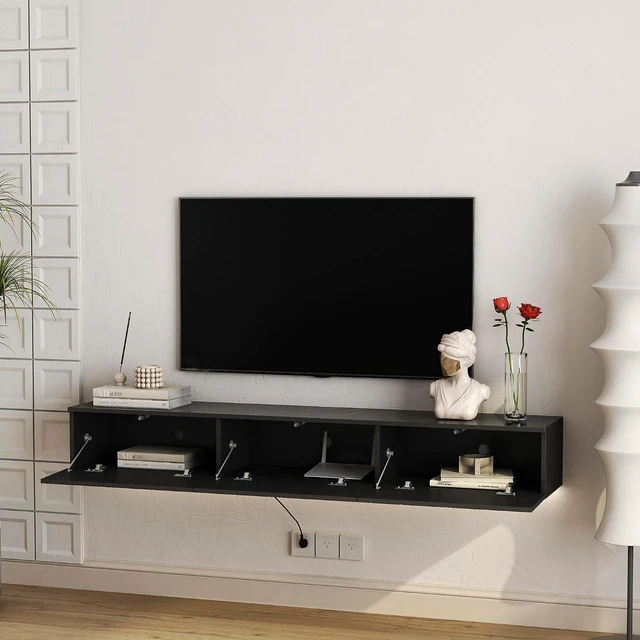 Alt view image 2 of 7 - 67Modern Wall Mount TV Stand for 55/60/65 TV, Minimalist Entertainment Center with 16 Color LEDs and Storage Cabinet for Bedroom, Living Room, Black