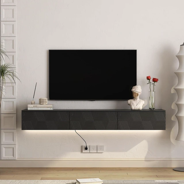 Alt view image 3 of 7 - 67Modern Wall Mount TV Stand for 55/60/65 TV, Minimalist Entertainment Center with 16 Color LEDs and Storage Cabinet for Bedroom, Living Room, Black