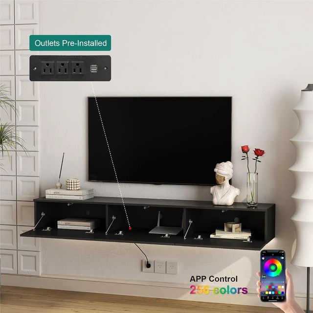Alt view image 4 of 7 - 67Modern Wall Mount TV Stand for 55/60/65 TV, Minimalist Entertainment Center with 16 Color LEDs and Storage Cabinet for Bedroom, Living Room, Black