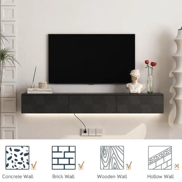 Alt view image 5 of 7 - 67Modern Wall Mount TV Stand for 55/60/65 TV, Minimalist Entertainment Center with 16 Color LEDs and Storage Cabinet for Bedroom, Living Room, Black