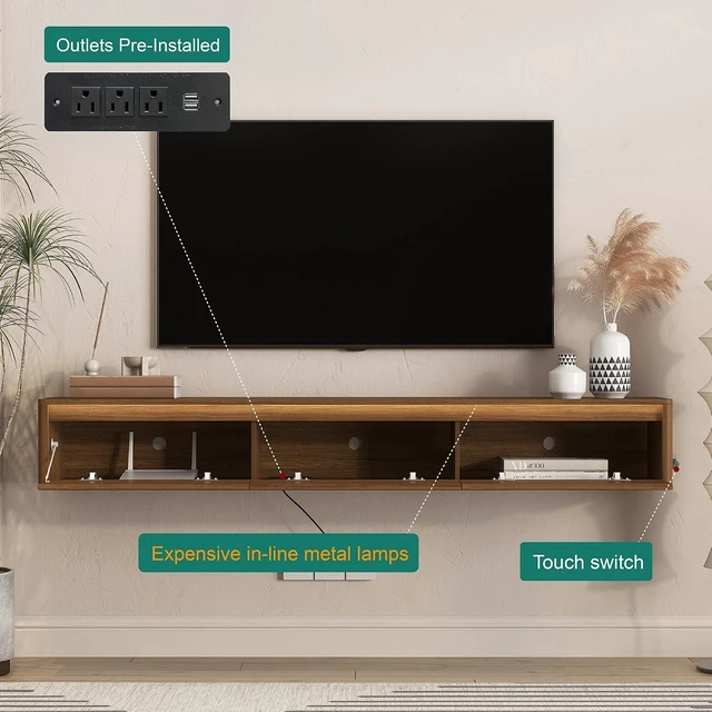 Alt view image 3 of 7 - Floating TV Media Console with Touch-Sensitive Led Light, Light Walnut