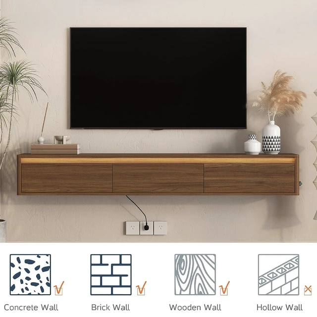Alt view image 4 of 7 - Floating TV Media Console with Touch-Sensitive Led Light, Light Walnut