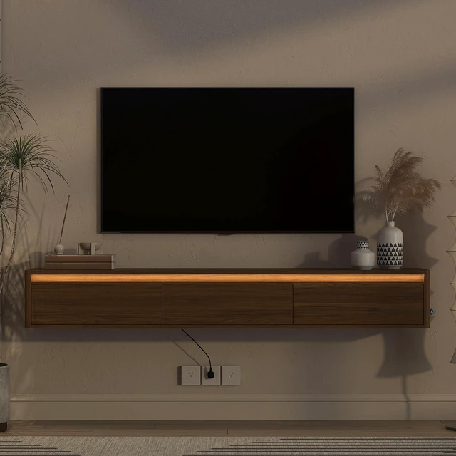 Alt view image 6 of 7 - Floating TV Media Console with Touch-Sensitive Led Light, Light Walnut