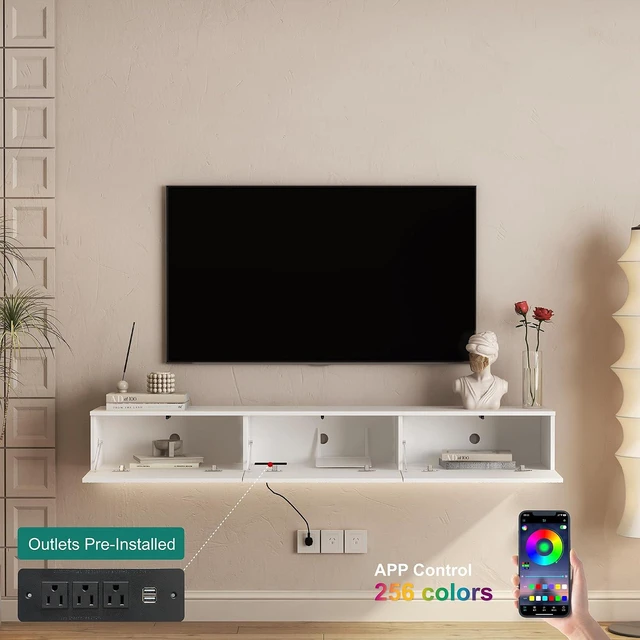 Alt view image 2 of 7 - 67 Floating TV Stand for 55/60/65 TV with 16 Color LEDs, Modern Entertainment Center with Storage Cabinet for Bedroom, Living Room, White