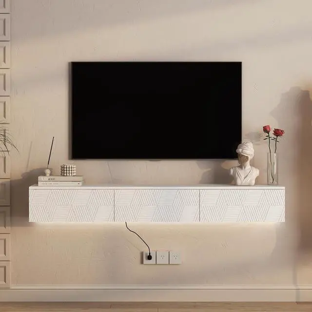 Alt view image 3 of 7 - 67 Floating TV Stand for 55/60/65 TV with 16 Color LEDs, Modern Entertainment Center with Storage Cabinet for Bedroom, Living Room, White