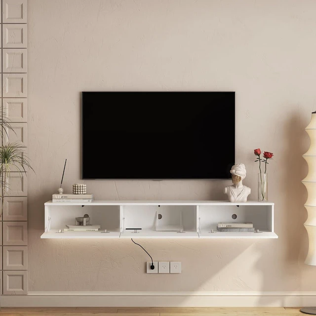 Alt view image 4 of 7 - 67 Floating TV Stand for 55/60/65 TV with 16 Color LEDs, Modern Entertainment Center with Storage Cabinet for Bedroom, Living Room, White