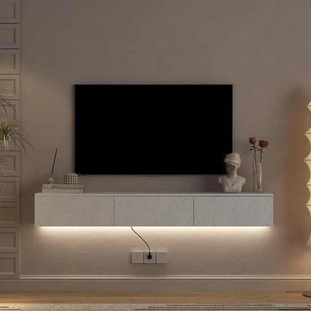 Alt view image 5 of 7 - 67 Floating TV Stand for 55/60/65 TV with 16 Color LEDs, Modern Entertainment Center with Storage Cabinet for Bedroom, Living Room, White