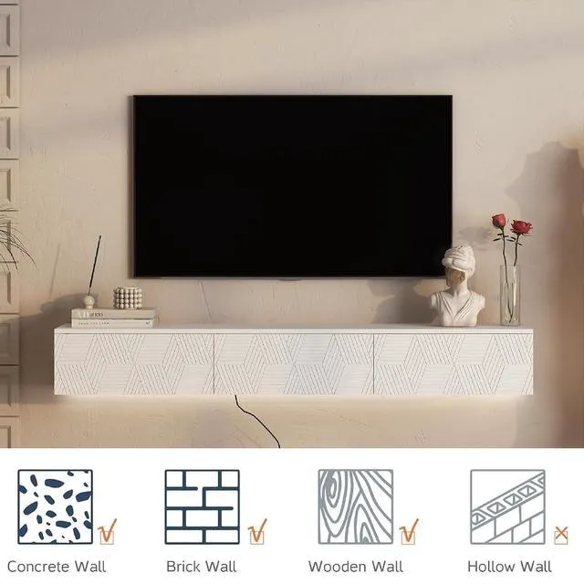 Alt view image 7 of 7 - 67 Floating TV Stand for 55/60/65 TV with 16 Color LEDs, Modern Entertainment Center with Storage Cabinet for Bedroom, Living Room, White