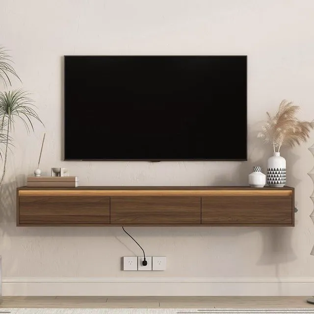 Main image of Floating TV Media Console with Touch-Sensitive Led Light, Light Walnut