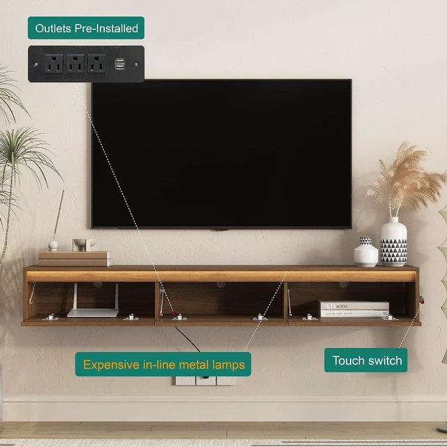Alt view image 3 of 7 - Floating TV Media Console with Touch-Sensitive Led Light, Light Walnut