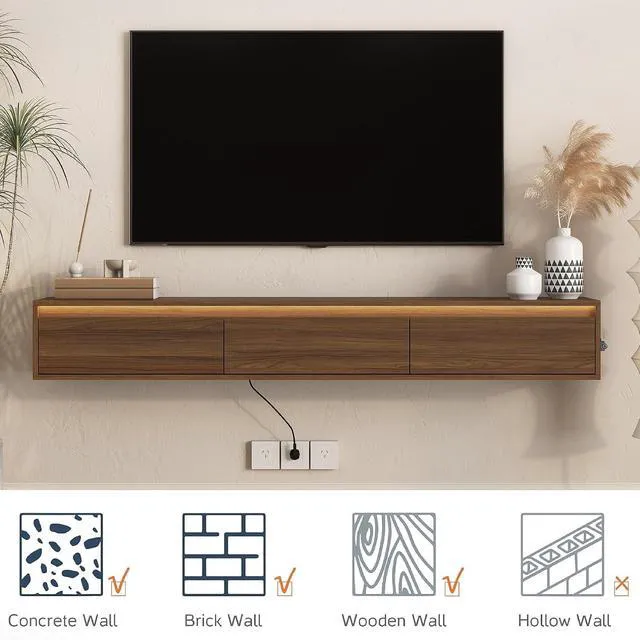 Alt view image 4 of 7 - Floating TV Media Console with Touch-Sensitive Led Light, Light Walnut