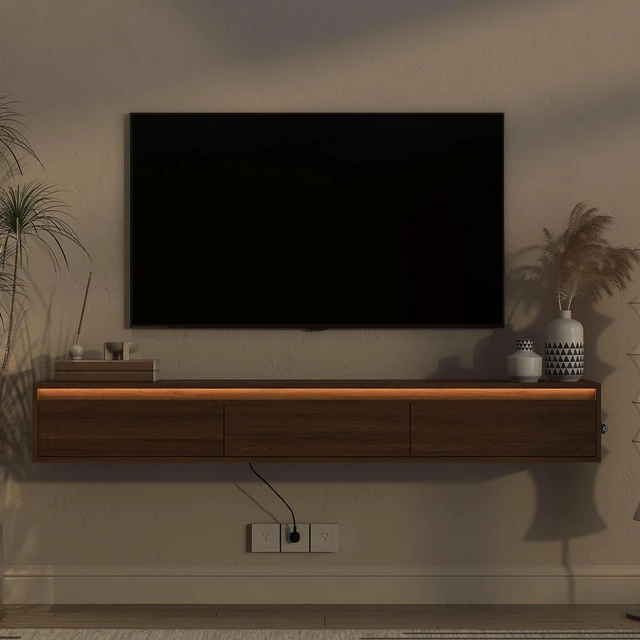 Alt view image 6 of 7 - Floating TV Media Console with Touch-Sensitive Led Light, Light Walnut