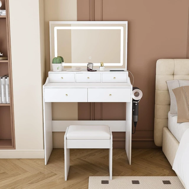 Main image of Makeup Vanity with Large Mirror and 3 Adjustable Lights, White