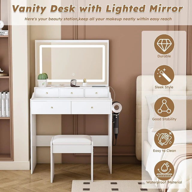 Alt view image 4 of 7 - Makeup Vanity with Large Mirror and 3 Adjustable Lights, White