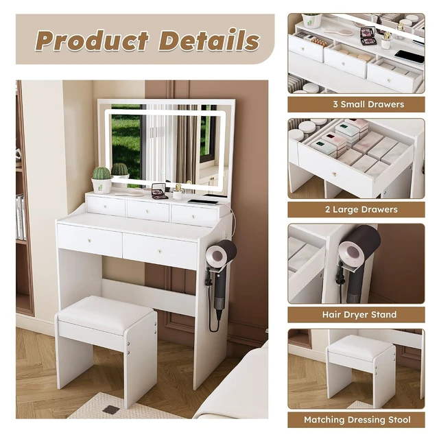 Alt view image 5 of 7 - Makeup Vanity with Large Mirror and 3 Adjustable Lights, White