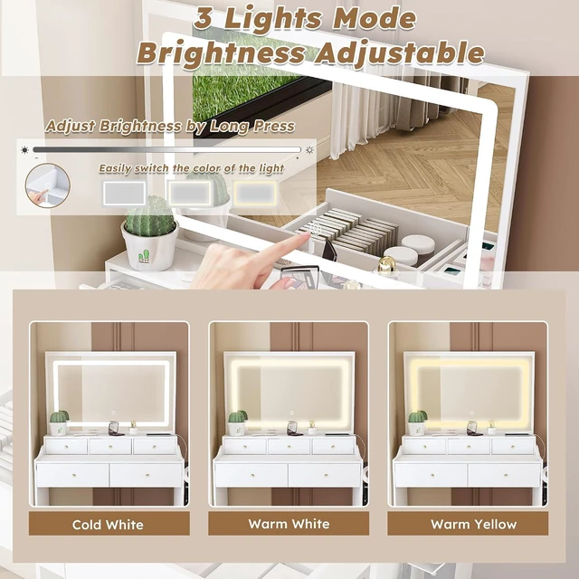Alt view image 6 of 7 - Makeup Vanity with Large Mirror and 3 Adjustable Lights, White