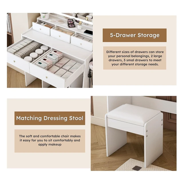 Alt view image 7 of 7 - Makeup Vanity with Large Mirror and 3 Adjustable Lights, White