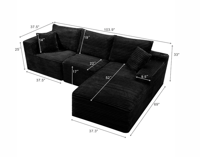 Alt view image 2 of 7 - 103.9" L-Shape Cloud Modular Sectional Sofa Couch with Chaise, Black