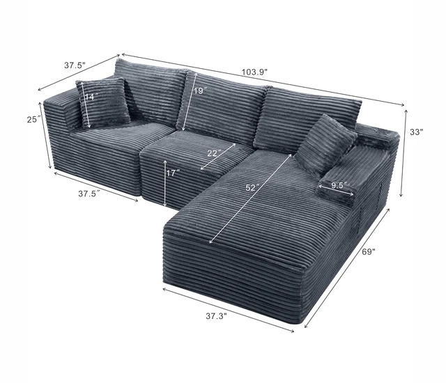 Alt view image 2 of 7 - 103.9" L-Shape Cloud Modular Sectional Sofa Couch with Chaise, Gray