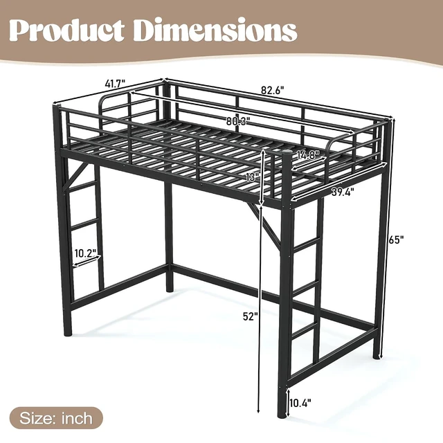 Alt view image 2 of 7 - Twin XL Size Loft Bed with Ladder and High Guardrail, Black