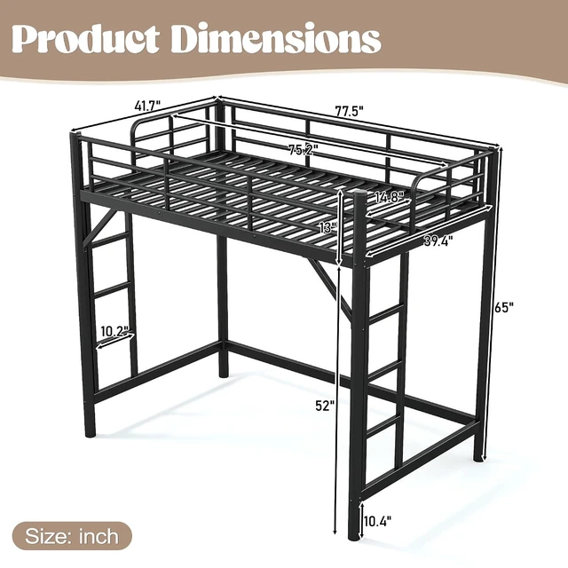 Alt view image 2 of 7 - Twin Size Loft Bed with Ladder and High Guardrail, Black