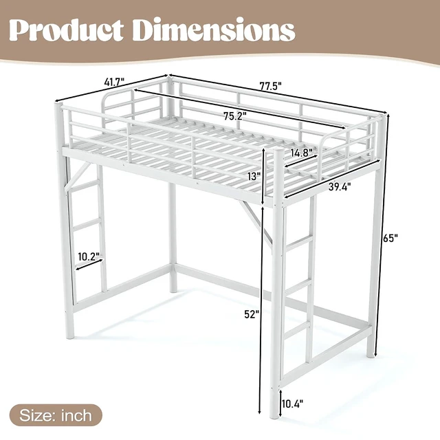 Alt view image 2 of 7 - Twin Size Loft Bed with Ladder and High Guardrail, White