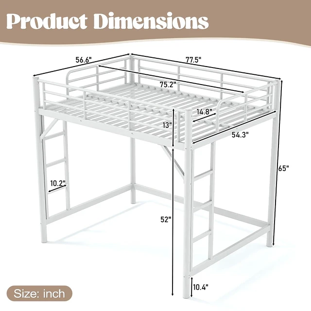 Alt view image 2 of 7 - Full Size Loft Bed with Ladder and High Guardrail, White