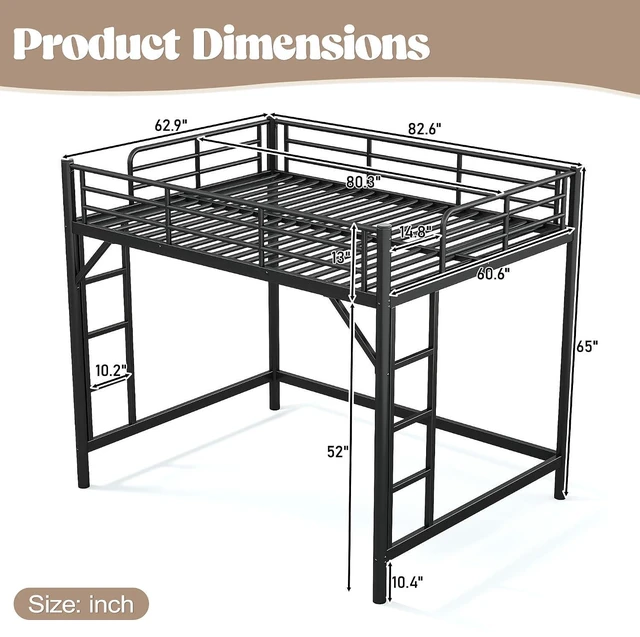 Alt view image 2 of 7 - Queen Size Loft Bed with Ladder and High Guardrail, Black