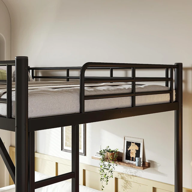 Alt view image 3 of 7 - Queen Size Loft Bed with Ladder and High Guardrail, Black