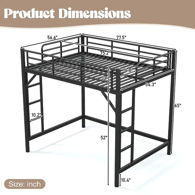 Alt view image 2 of 7 - Full Size Loft Bed with Ladder and High Guardrail, Black