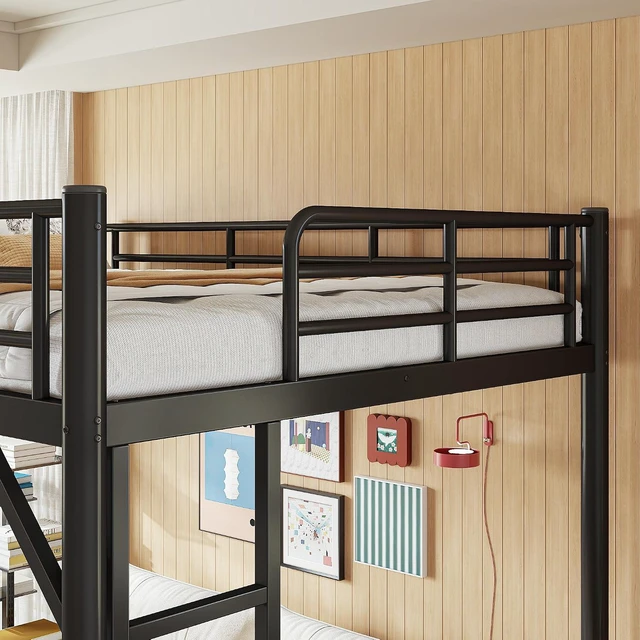 Alt view image 3 of 7 - Full Size Loft Bed with Ladder and High Guardrail, Black