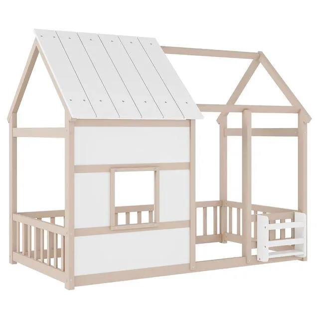 Alt view image 3 of 5 - Kids Twin Size Platform Bed with House Frame and LED Lights for Boys Girls, Wood Floor Bed with Storage Bookshelf and Safety Rails/Guardrails for Playroom, Cream,White