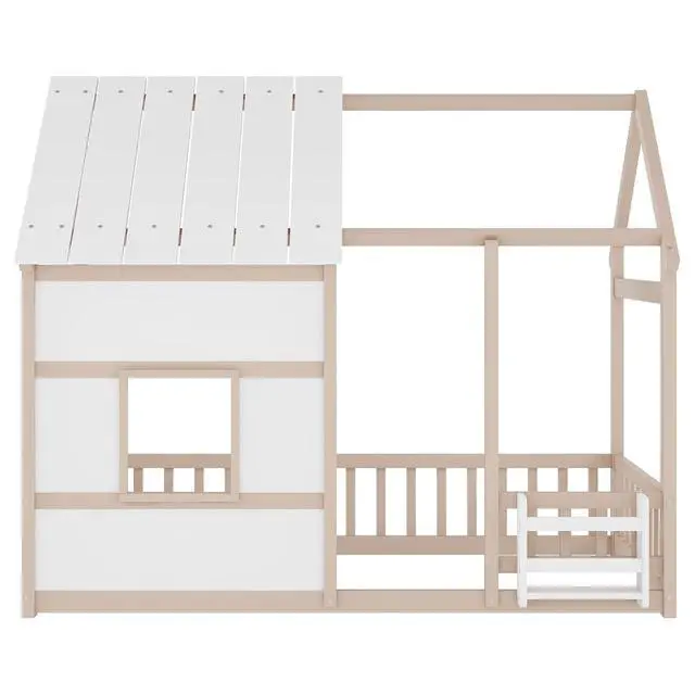 Alt view image 4 of 5 - Kids Twin Size Platform Bed with House Frame and LED Lights for Boys Girls, Wood Floor Bed with Storage Bookshelf and Safety Rails/Guardrails for Playroom, Cream,White