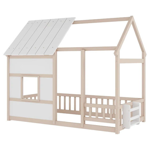 Alt view image 5 of 5 - Kids Twin Size Platform Bed with House Frame and LED Lights for Boys Girls, Wood Floor Bed with Storage Bookshelf and Safety Rails/Guardrails for Playroom, Cream,White