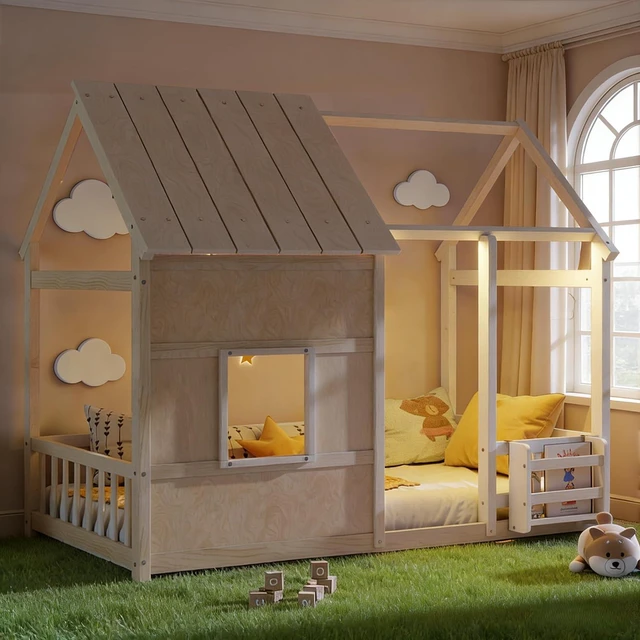 Main image of Twin Size Playhouse Floor Bed with LED Lights and Storage Bookshelf for Kids & Boys & Girls, House Platform Bed Frame with Safety Rails/Guardrails and Window for Sleep and Play Area, Natural
