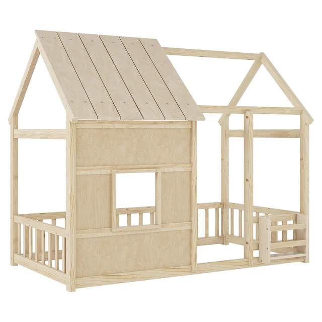 Alt view image 3 of 5 - Twin Size Playhouse Floor Bed with LED Lights and Storage Bookshelf for Kids & Boys & Girls, House Platform Bed Frame with Safety Rails/Guardrails and Window for Sleep and Play Area, Natural