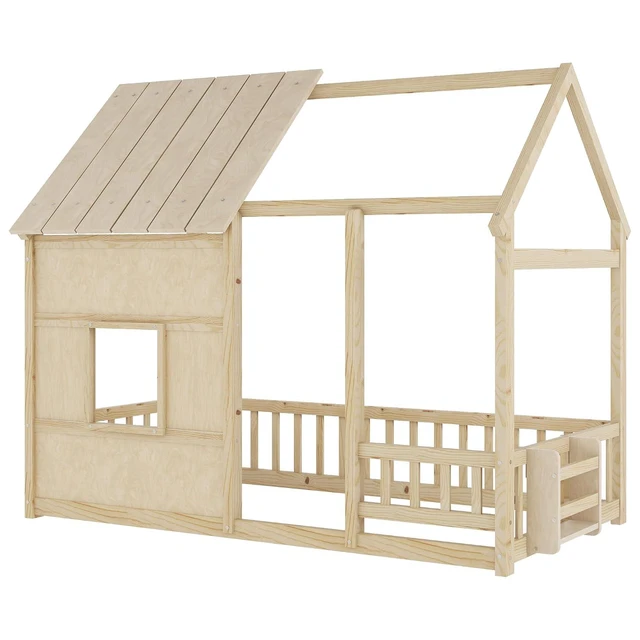 Alt view image 5 of 5 - Twin Size Playhouse Floor Bed with LED Lights and Storage Bookshelf for Kids & Boys & Girls, House Platform Bed Frame with Safety Rails/Guardrails and Window for Sleep and Play Area, Natural