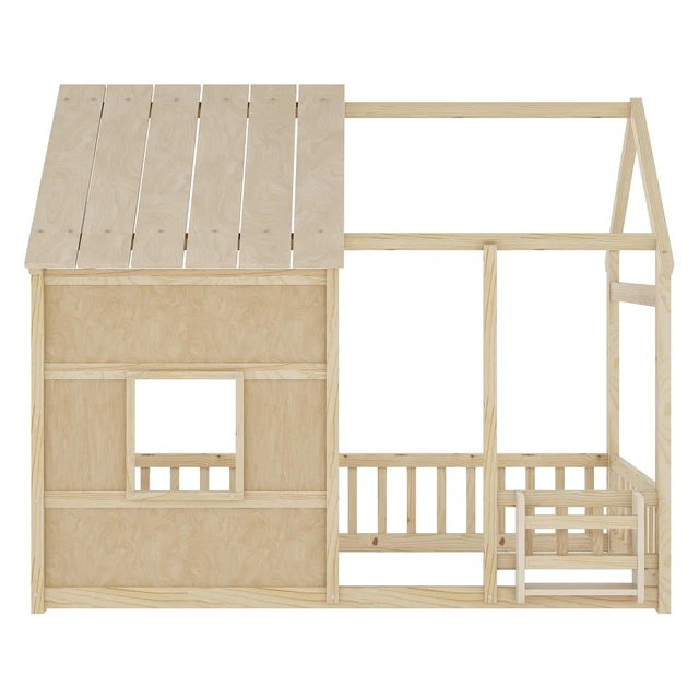 Alt view image 4 of 5 - Twin Size Playhouse Floor Bed with LED Lights and Storage Bookshelf for Kids & Boys & Girls, House Platform Bed Frame with Safety Rails/Guardrails and Window for Sleep and Play Area, Natural