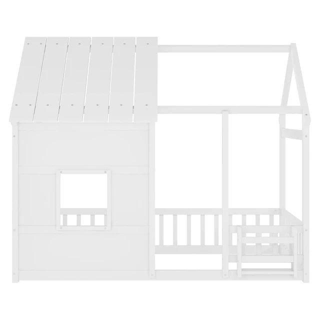 Alt view image 3 of 5 - Twin Size Kids House Floor Bed with LED Lights and Storage Bookshelf for Boys Girls, Playhouse Platform Bed Frame with Guardrails/Safety Rails and Window for Sleep and Play Area, White