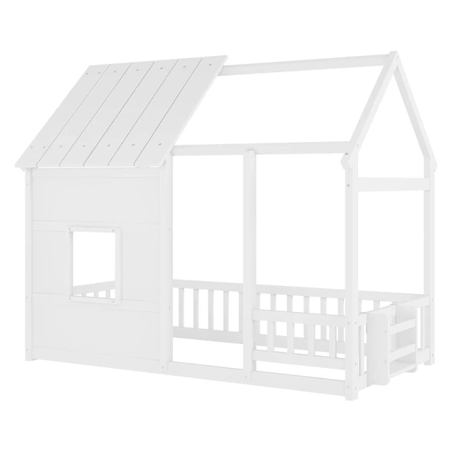 Alt view image 4 of 5 - Twin Size Kids House Floor Bed with LED Lights and Storage Bookshelf for Boys Girls, Playhouse Platform Bed Frame with Guardrails/Safety Rails and Window for Sleep and Play Area, White