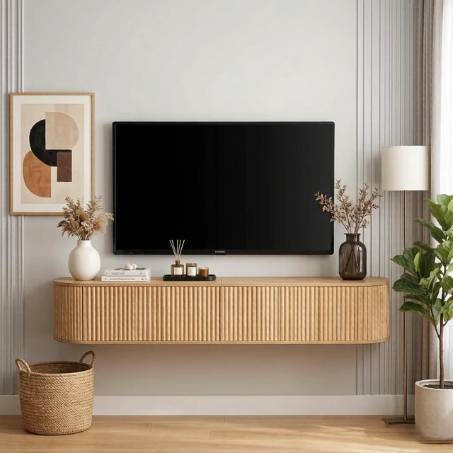 Main image of Floating Fluted TV Stand with Storage Cabinet, Natural