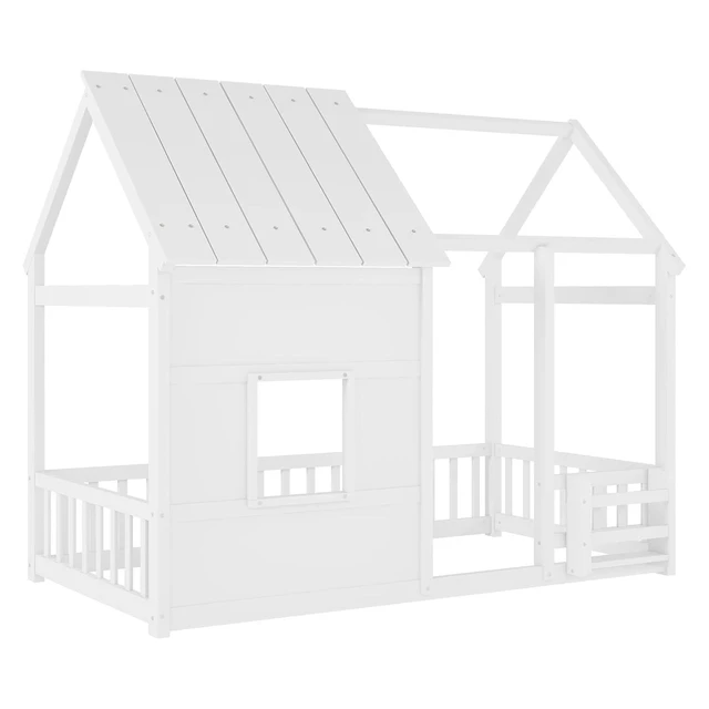 Alt view image 5 of 5 - Twin Size Kids House Floor Bed with LED Lights and Storage Bookshelf for Boys Girls, Playhouse Platform Bed Frame with Guardrails/Safety Rails and Window for Sleep and Play Area, White