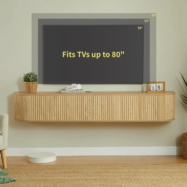 Alt view image 3 of 7 - Floating Fluted TV Stand with Storage Cabinet, Natural