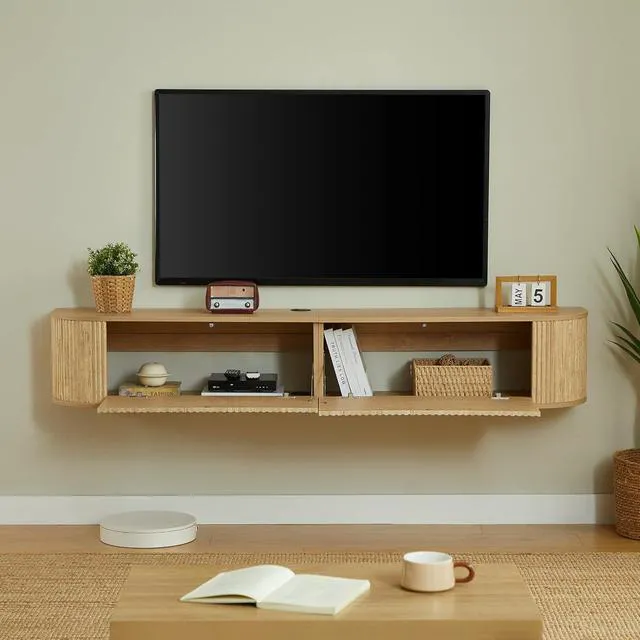 Alt view image 2 of 7 - Floating Fluted TV Stand with Storage Cabinet, Natural