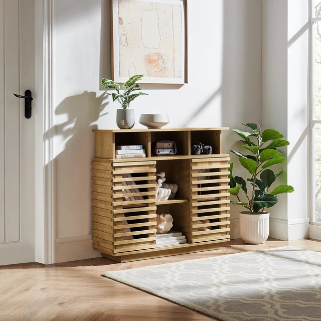 Main image of Sideboard Buffet Cabinet with Sliding Doors & Adjustable Shelf, Farmhouse Cabinet with Open Storage for Kitchen Living Room Entryway Hallway, Natural Wood