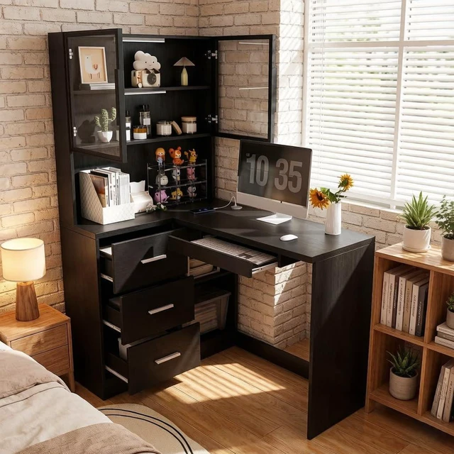 Main image of Corner Computer Desk with Hutch & Drawers, Black