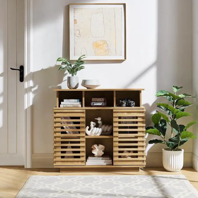 Alt view image 3 of 7 - Sideboard Buffet Cabinet with Sliding Doors & Adjustable Shelf, Farmhouse Cabinet with Open Storage for Kitchen Living Room Entryway Hallway, Natural Wood