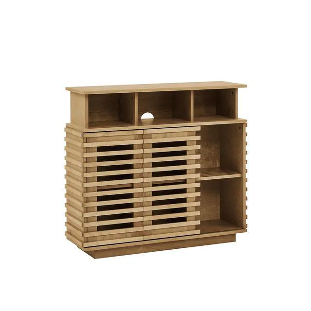Alt view image 5 of 7 - Sideboard Buffet Cabinet with Sliding Doors & Adjustable Shelf, Farmhouse Cabinet with Open Storage for Kitchen Living Room Entryway Hallway, Natural Wood