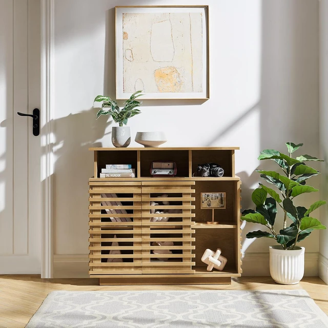 Alt view image 4 of 7 - Sideboard Buffet Cabinet with Sliding Doors & Adjustable Shelf, Farmhouse Cabinet with Open Storage for Kitchen Living Room Entryway Hallway, Natural Wood